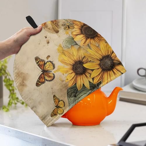 Image of Hudotybom Retro Sunflower Tea Cozy for Teapot Insulated Vintage Sunflower Wadding Tea Cozies Covers Fit 1 to 6 Cup Kitchen Textiles Warming & Insulating Kettle Cover for Home Table Decor