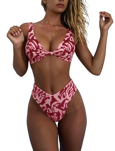 Image of geluboao Bikini Set for Women Solid V Neck Knot Front Push Up High Leg Thong Two Piece Swimsuit