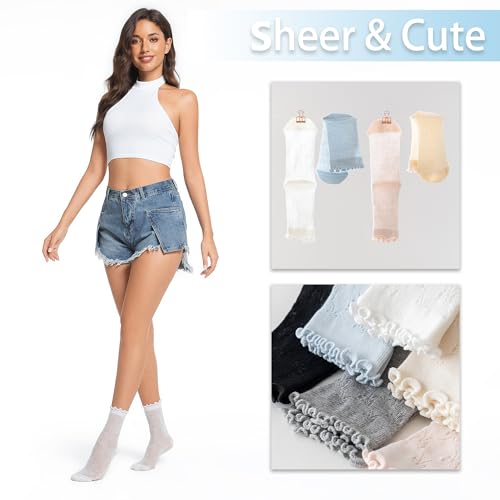 Women's Ruffle Socks,Cute sheer Thin Cotton Sock, Friily Cuff,Cool Lace Elegant Socks,Girl's Sock 6 Pack (Size5-9)4