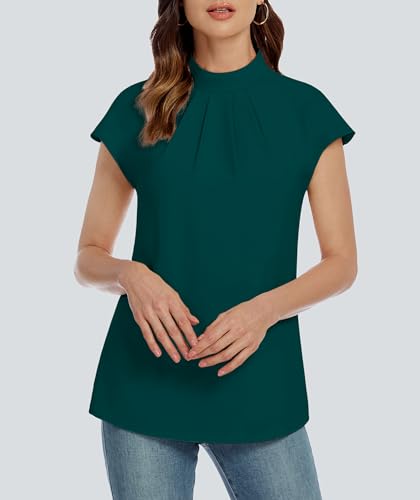 Image of Funlingo Womens Summer Tops Mock Neck Short Cap Sleeve Blouses Business Casual Work Chiffon Shirts Front Pleated Tunic Top