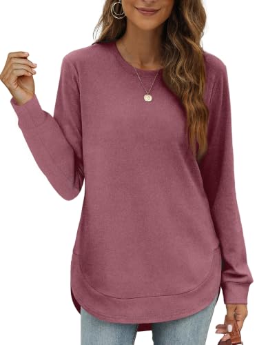 Image of OFEEFAN Womens Sweatshirt Crewneck Long Sleeve Shirts High Low Tops Curved Hem