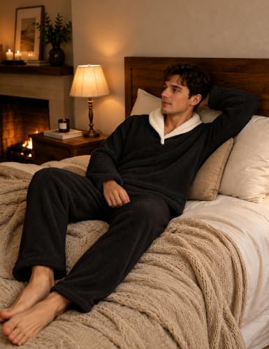 Image of Mens Fluffy Coral Fleece Pajamas Set Pullover Pants Loose Plush Warm Loungewear Sleepwear