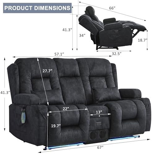 Image of URRED Loveseat Recliner Sofa with Massage and Heat, Power Reclining Loveseat Sofa RV Couch with Console, Home Theater Seating with LED Lights, Bluetooth Speakers, USB, Outlets, Velvet, Dark Grey