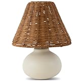 ora bamboo 11' Small Table Lamp – Handmade Ceramic Cream Base with Wicker Rattan Shade, Dimmable Plug-in Nightstand Light for Bedroom, Kitchen Counter, or Small Spaces – Boho Japandi Organic Decor