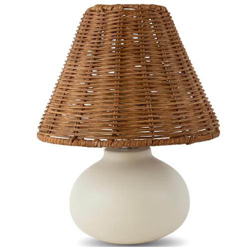 ora bamboo 11" Small Table Lamp – Handmade Ceramic Cream Base with Wicker Rattan Shade, Dimmable Plug-in Nightstand Light for Bedroom, Kitchen Counter, or Small Spaces – Boho Japandi Organic Decor