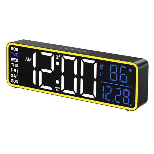 Alampan 9" Digital Alarm Clocks for Bedroom, Large Display Corded Clock, Dual Alarm, with Night Light, LED Temperature Calendar, Electric, for Living Room, Nightstand, Desk, Auto DST(Blue Temp & Date)