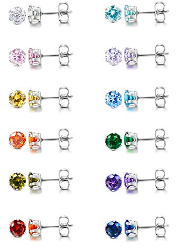 LOYALLOOK 12 Pairs Stainless Steel Cubic Zirconia Stud Earrings, Brilliant Cut Round CZ Earrings set, Birthstone Stud Earrings for Women