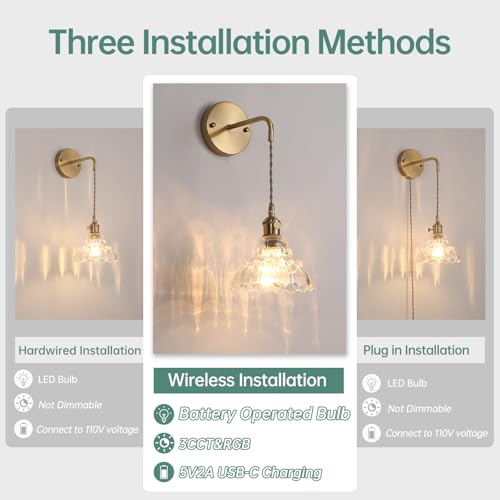 Image of Shenmoyl Battery Operated Wall Sconce Wall Lamp with Clear Lily of the Valley Shade Pattern Glass Adjustable Chain Retro Gold Wall Light, Modern Wall Lamp Fixtures Decor for Bedside Bedroom