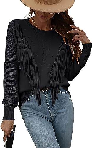 Image of Women's Casual Crewneck Fringe Tassels Crochet Long Sleeve Knitted Fall Sweater Pullover Tops