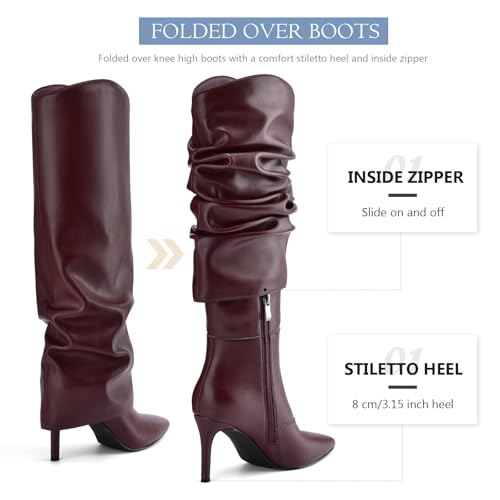 Image of Vaslemuse Womens Knee High Boots Fold Over Stiletto Heels Slouchy Boots Pointed Toe Sexy Long Boots Shark Tall Shoes with Side Zipper