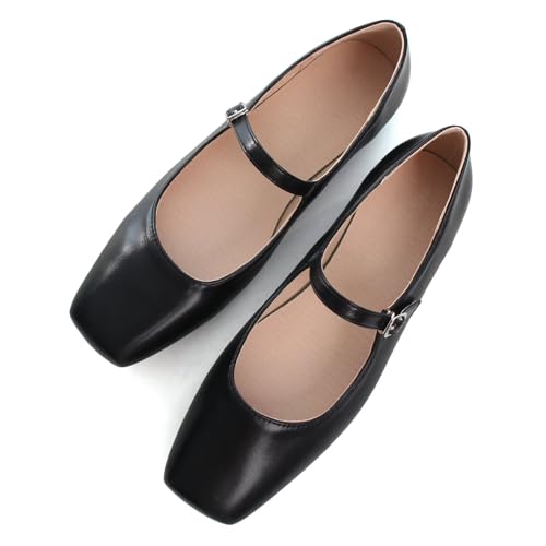 Image of TN TANGNEST Leather Flats for Women Retro Mary Jane Flats | Comfortable Square Toe Slip On Flats with Buckle Strap, Soft Work Flats Office Shoes