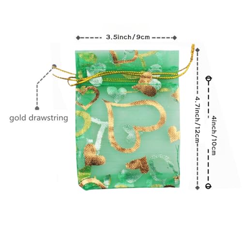 Image of QIANHAILIZZ 100 pcs 3.5 x 4.7 Inch Flower Heart Organza Jewelry Gift Pouch Candy Pouch Drawstring Wedding Favor Bags X92 (green gold heart)