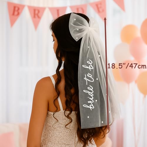 TWPER Bride to Be Bow Veil with Pearls, White Bridal Hair Bow Clip with Veil for Bachelorette Party, Bridal Shower, Wedding Morning, Engagement Photo Accessory