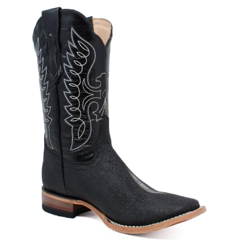 Men’s Genuine Leather Stingray Single Stone Print Square Toe Black Cowboy Western Boots