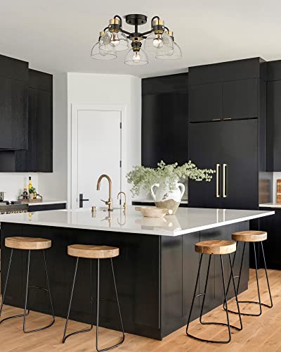 5-Light Chandelier, Hwh Semi Flush Mount Ceiling Light Fixtures With Clear Glass Shade, Black And Gold Finish, For Kitchen, Dining, Living Room, 5Hzg68F-5 Bk+Bg #TOP4