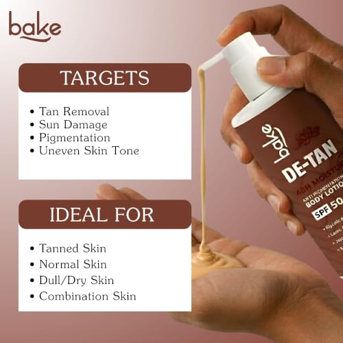 Image of BAKE De-Tan Coffee Body Lotion (300ml) 48 Hour Moisturization with Kojic Acid, Lactic Acid, Niacinamide & SPF 50 PA++++ for Pigmentation & Tan Removal | For Dark Spots & Sun Protection | Tanned & Pigmented Skin | For Women & Men