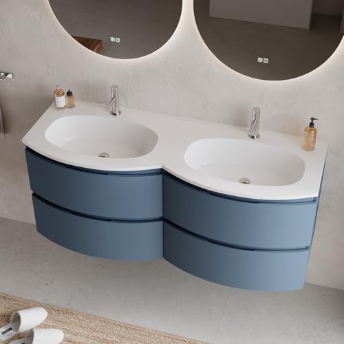 SANIVERRE Meuble Double Vasque 140 cm Bleu-Mer Collection Salle de Bain ARMONIA sans Colonne