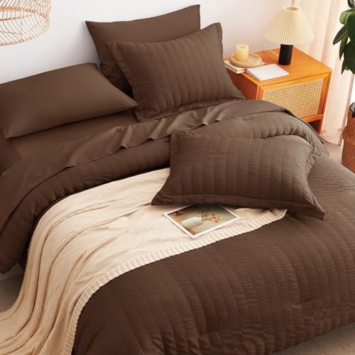 Image of CozyLux Full Size Comforter Sets Brown, 7 Pieces Seersucker Textured Luxury Bed in a Bag, All Seasons Soft Bedding Sets with Down Alternative Comforter, Sheets, Pillowcases & Shams, Bedroom Bed Set