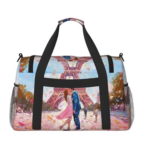 Pink Parisian Couple Duffle Bag Foldable Travel Tote Bag Carry On Large Weekender Overnight Bags Waterproof Gym Bag For Women Men3