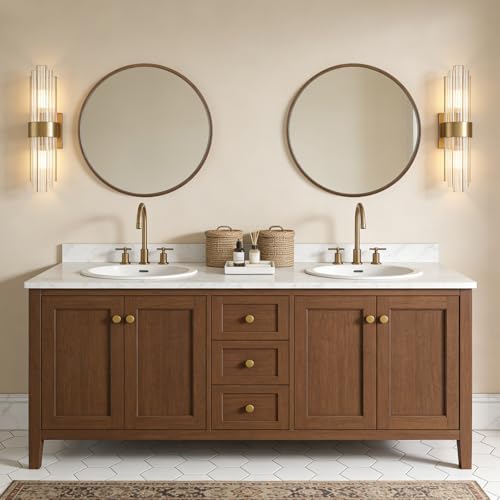Image of WallBeyond Wood Round Mirror with Wood Frame 24 inch Circle Wall Mirror for Bathroom Round Wall Mirror for Wall Decor, Vanity, Entryway Living Room (Walnut)