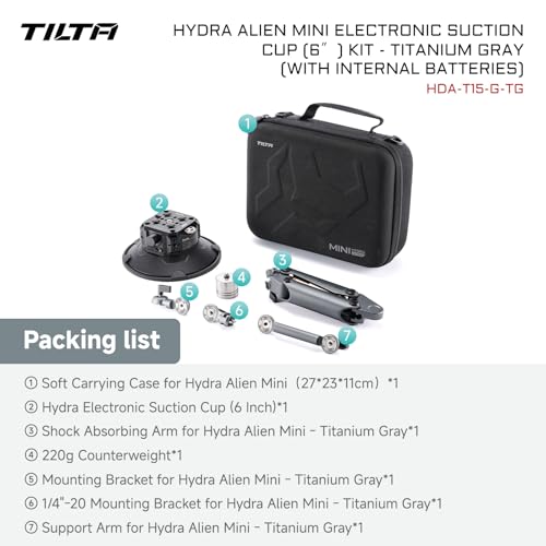 Tilta Hydra Alien Mini Electronic Suction Cup (6") Kit | Car Mount for DJI Action 3/4, Pocket 3, Insta360 X3/X4 | Shock Absorbing Arm Vehicle Rig | Oil Hydraulic Damping Stabilizer - Titanium Gray - Image 2