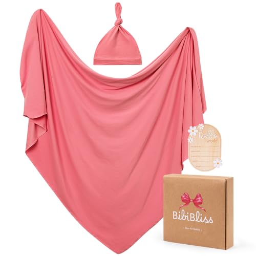 Image of Stretchy Swaddle Blanket for Newborns with Hat & Hello World Card-Soft Baby Swaddles 0-3 Months,47 inchx 47 inchSupersoft Swaddle Blanket,Receiving Blanket for Boys & Girls (Apple Blossom)