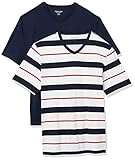 Amazon Essentials Camiseta de Manga Corta con Cuello en Pico y Corte Recto Hombre, Pack de 2, Rojo/Blanco/Azul Marino, Rayas Jaspeadas, M