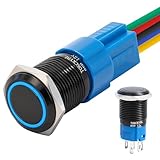 TOKCKYBL 16mm Latching Push Button Switch 12V DC, IP65 Waterproof ON/Off Black Shell with LED Angel Eye Head, 0.63