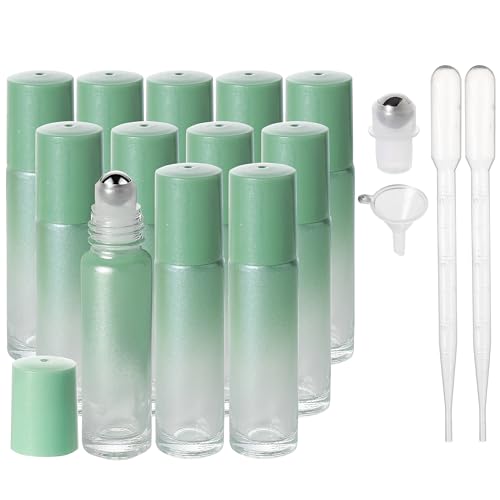 SESENSE Essential Oil Roller Bottles, 10ml Thick Glass Perfume Roller Bottles with Funnel Opener and Dropper Colored Glass Empty Bottles with Stainless Steel Roller Balls (Green, 12 Pack)