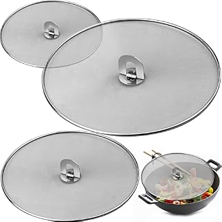3 Pack Splatter Screen for Frying Pan, Stainless Steels Platter Guard with Fold Flat Knob Splash-Proof Scald Oil Proof Strainer, Drain Board (9.8 inch, 11.4 inch, 13 inch)
