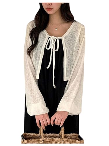 Milumia Women's Tie Front Lantern Long Sleeve Cardigans Knit Lightweight Crop Tops