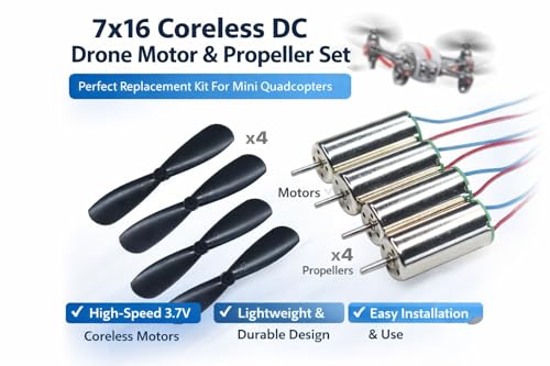 Image of 7x16 Coreless DC Drone Motor with Propeller Set - High Speed 3.7V Micro Motor for Mini Quadcopter, DIY RC Drone Replacement Kit (4 Motors + 4 Propellers)
