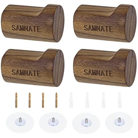 Wooden Coat Hook, 4 Pieces Wood Wall Hook, Wooden Coat Peg Coat Hanger for Hanging Clothes, Hat, Scarves and Headphone in Bedroom, Living Room, Hallway (3X6cm, Round Walnut) Cover