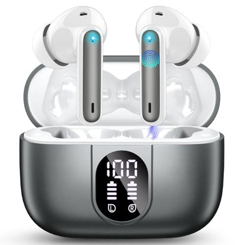 Csasan Auriculares Inalámbricos Bluetooth, Auriculares Bluetooth 5.3 Estéreo con 4 ENC Cancelacion Ruido Micró, 40H Control Táctil Cascos Inalambricos, IP7 Auriculares in Ear, Gris de Hierro
