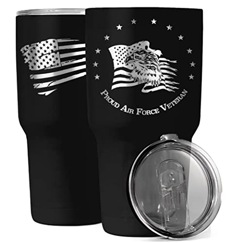 30oz Air Force Veteran Tumbler - American Flag Tumbler Travel Mug - Patriotic Coffee Travel Mug - Double Insulated - Engraved in the USA - with Silicone Straw and USA Sticker (Air Force Veteran)