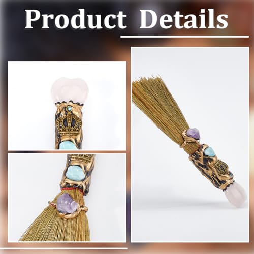 GORGECRAFT Natürlicher Rosenquarz Magischer Kehrbesen Mini Besen Halloween Dekoration Kunst Amethyst Kristall Hexenbesen Hexen Accessoire Für Kostüm Cosplay Party Reinigung Schlafzimmer Büro Heimdekor