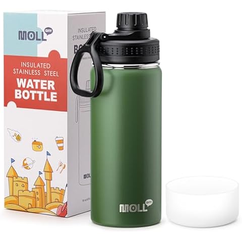 Mollcity Kids Water Bottle for School 16 oz Stainless Steel Double Wall Vacuum Insulated Sports Water Bottle Leak Proof-Reusable Metal Flask with Silicone Boot for Travel, BPA-Free(Grass Green) Cover
