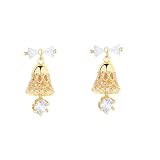 Bonitos aretes colgantes de cascabel de Navidad para mujer, circonita cúbica, campanas tintineantes en tono dorado, adorno colgante de plata de ley, hipoalergénico, festival, fiesta de Navidad