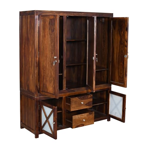 Image of Cross Pattern Solid Wood 3-Door Wardrobe with Mirror in Provincial Teak Finish