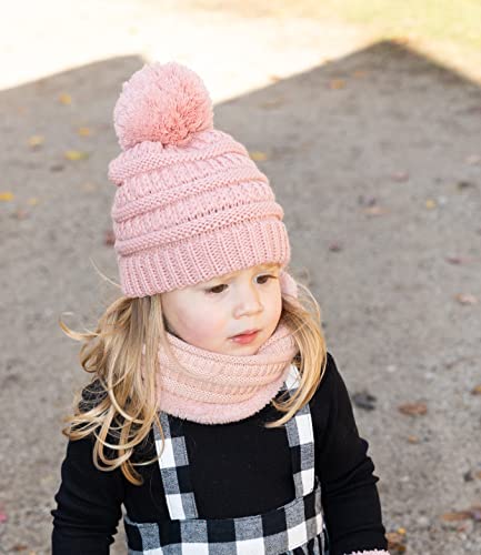 Image of Funky Junque Kids Winter Fleece Lined Neck Warmer Ribbed Knit Pom Pom Winter Beanie Bundle Cold Weather Gaiter Toddler