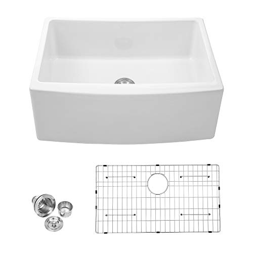 White Farmhouse Sink - Logmey 24 Inch Apron-Front Single Bolw Fireclay Ceramic Porcelain Farm Kitchen Sink