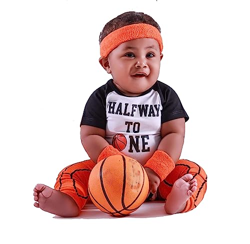 Personalized Basketball Half Way To One 6 Month Birthday Bodysuit Complete Outfit