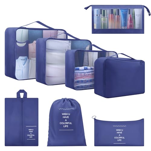 Estefanlo Packing Cubes for Suitcase, 8 PCS Travel Luggage Packing Organizers Waterproof Travel Essentials Bag Clothes Shoes Cosmetics Storage Bags (Navy)