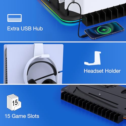 Euroa Ps5 Stand, Ps5 Slim Stand With Cooling Station And Controller Charging Station For Ps5 Slim Console Disc/Digital, Ps5 Accessories-Cooling Fan, Rgb Led, Headset Holder, 15 Game Slot For Playstation 5 thumb #7