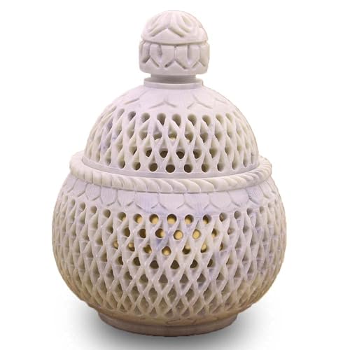 41DOMCOrPFL. SL500 Handmade Soapstone Tea Light Candle Holder for Home Living Room Office Decorative Lantern Tealight Candle Holder with Lid Hand Craft Engraved Jali Home Decor Gift Size 4x4 Inch