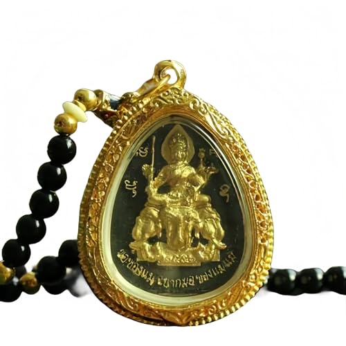 Image of Generic Authentic Thai Buddha Amulet - Four-Faced Buddha Riding an Elephant (Black Background with Gold Embellishments (Oval))