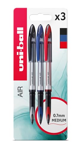 uni-ball UB-188-L Air Rollerball Pens. Premium 0.7mm Medium Nib for Super Smooth Handwriting. Writes Like a Fountain Pen. Fade and Water Resistant Liquid Uni Super Ink. Pack of 3 Black, Blue & Red