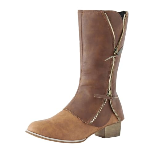 Women's Mid Calf Boots with Slouchy Two Tone Upper and Low Block Heel (Brown,9)