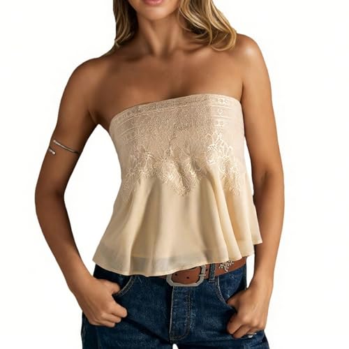 Women Y2k Mesh Tube Tops Floral Embroidery Sleeveless Semi Sheer Strapless Cropped Off Shoulder Cami Bandeau Tops