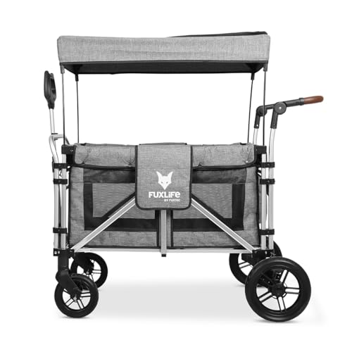 FUXLIFE • Chariot pliable 4 places • FX-CTXL900 • gris premium • Wagon familial XL avec canopée, ceintures 5 points, frein arrière, normes EN 1888 et roues confort pour plage et camping